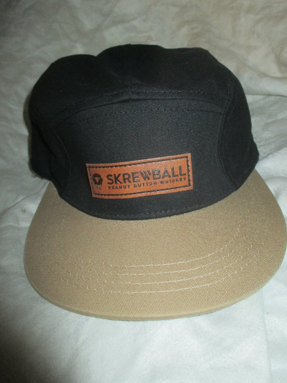 Skrewball Peanut Butter Whiskey 5 Panel Hat Black Tan Leather Patch Cap